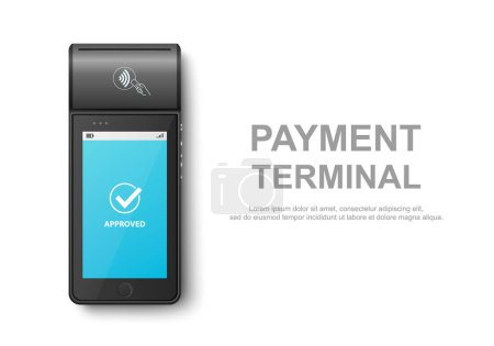 Téléchargez les illustrations : Machine de paiement réaliste de NFC noire de vecteur 3d avec le statut approuvé. Modèle de conception pour le terminal sans contact de paiement bancaire. Maquette d'un terminal POS de paiement. Vue du dessus. - en licence libre de droit
