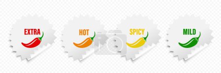 Realistic Vector Round Stickers with Spicy Chili Pepper Levels. Red, Orange, Yellow, Green Jalapeno Pepper Strength Scale Sticker Indicators with Mild, Spicy, Hot and Extra Positions.