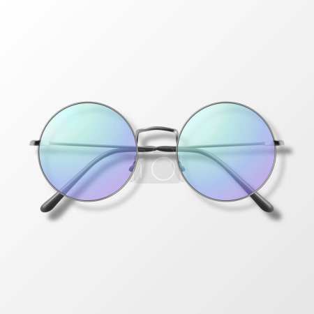 Vector 3d Realistic Purple Round Frame Glasses Isolated. Sunglasses, Lens, Vintage Eyeglasses in Top View. Design Template for Optics and Eyewear Branding Concept.