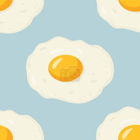 Vector Seamless Pattern with Flat Fried Egg, Omelet on a Blue Background. Healthy Breakfast, Protein Food, Diet Meal Concept. Design Template.