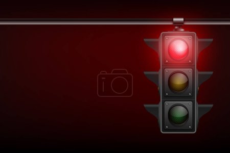Vector Realistic Banner with Hanging Traffic Light with Glowing Red Prohibiting Signal Isolated on Black Background.