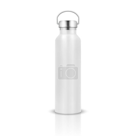 Vector Realistic 3D Weiß Farbe Metall oder Kunststoff Blank Glossy Wiederverwendbare Wasserflasche mit Silver Bung Closeup Isoliert auf weißem Hintergrund. Design-Vorlage für Verpackungs-Mockup. Frontansicht.