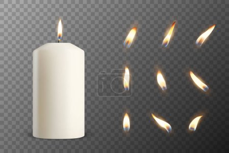 Vector 3D Realistic Paraffin Wax Burning Party Spa Candle and Burning Flame Set Closeup Isolated. Candle, Candle Flame Design Template for Relaxation, Wellness, and Celebration Concept, Front View.