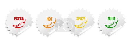Realistic Vector Round Stickers with Spicy Chili Pepper Icon, Food Spicy Level. Red, Orange, Yellow, Green Jalapeno Pepper Strength Scale Sticker Indicators with Mild, Spicy, Hot and Extra Positions.