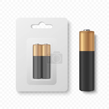 Vector 3D Realistic Alkaline Battery Set in Paper Blister Closeup Isolated. AA Size. Design Template for Branding and Mockup. Energy and Technology Concept.