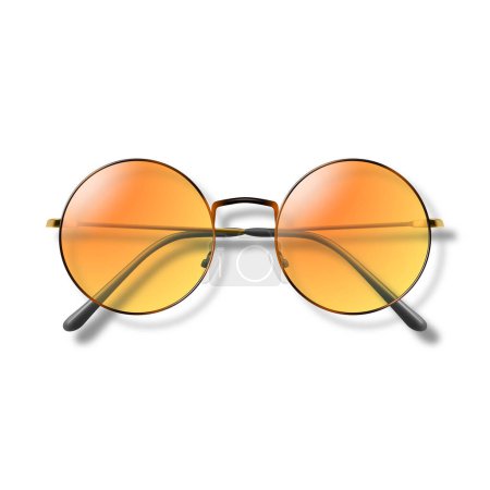Vector 3d realista naranja ronda marco gafas aisladas. Gafas de sol, lentes, gafas Vintage en Top View. Plantilla de diseño para óptica y concepto de marca de gafas.