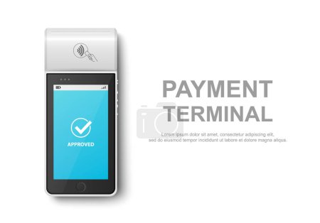Téléchargez les illustrations : Vecteur 3d réaliste blanc NFC machine de paiement avec statut approuvé. Modèle de conception pour le terminal sans contact de paiement bancaire. Maquette d'un terminal POS de paiement. Vue du dessus. - en licence libre de droit
