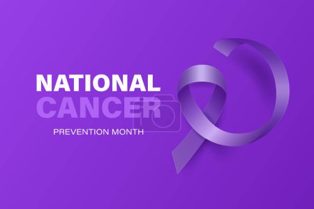 Nationaler Monat der Krebsprävention, Februar. Banner, Karte, Plakat mit realistischem 3D Vektor Lavendelband auf Lavendelhintergrund. Krebs-Bewusstseinsmonat-Symbol, Nahaufnahme. Konzept zum Weltkrebstag.