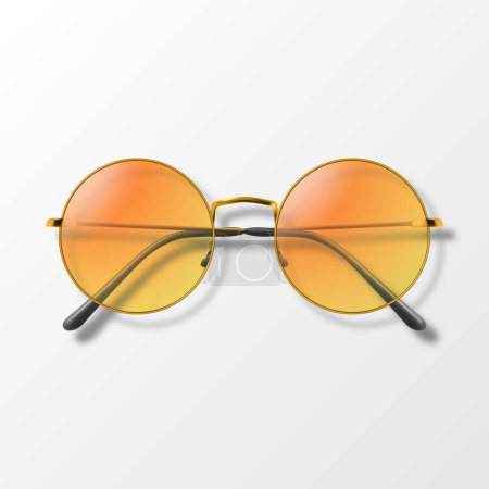 Vector 3d realista naranja ronda marco gafas aisladas. Gafas de sol, lentes, gafas Vintage en Top View. Plantilla de diseño para óptica y concepto de marca de gafas.
