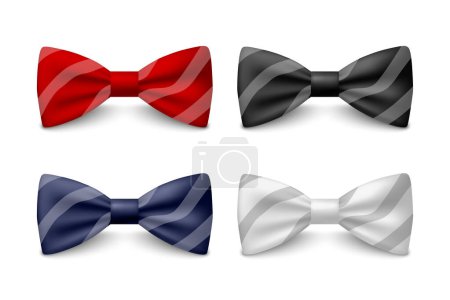 Vector 3D Realistic Striped Red, Black, Blue, White Bow Tie Set Isolated. Silk Glossy Bowtie, Tie Gentleman. Mockup, Design Template of Stylish Bow Tie for Men. Fashion, Father s Day Holiday Concept.