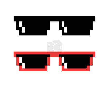 Vector Pixelated Sunglasses, Pixel Boss Glasses Icon Set in 8 bit Retro Style. Summer Meme Game 8-bit Sunglasses Design, Mafia Gangster Funky Sunglasses. Rap Music Design Element.
