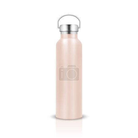 Vector Realistic 3D Rosa Farbe Metall oder Kunststoff Blank Glossy Wiederverwendbare Wasserflasche mit Silber Bung Nahaufnahme isoliert auf weißem Hintergrund. Design-Vorlage für Verpackungs-Mockup. Frontansicht.