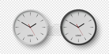 Vector 3d realista redondo pared reloj de oficina conjunto. Esfera blanca y negra Aislamiento de primer plano. Plantilla de diseño, Maqueta para Branding, Anunciar. Relojes de pared minimalistas simples en la vista frontal.