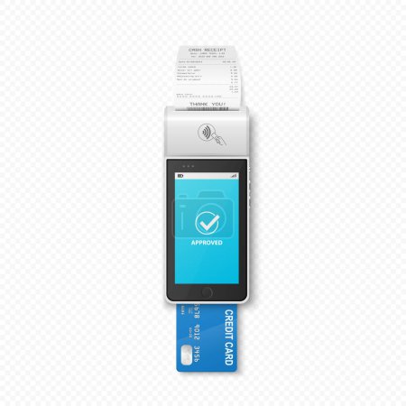 Téléchargez les illustrations : Terminal de paiement 3D réaliste vectoriel NFC avec reçu de paiement, carte de crédit. Machine de paiement - Statut approuvé. Modèle de conception pour le terminal sans contact de paiement bancaire. Maquette d'un terminal de PDV. Vue du dessus - en licence libre de droit