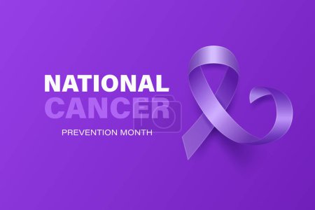National Cancer Prevention Month, February. Banner, Card, Placard with Realistic 3D Vector Lavender Ribbon on Lavender Background. Cancer Awareness Month Symbol, Closeup. World Cancer Day Concept.