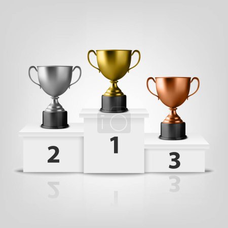 Vector Blank Golden, Silver and Bronze Champion Cup on Winner Podium Isolated on White Background. Design Template of Championship Trophy. Sport Tournament Award, Winner Cup and Victory Concept.