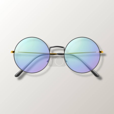 Vector 3d realista púrpura ronda marco gafas aisladas. Gafas de sol, lentes, gafas Vintage en Top View. Plantilla de diseño para óptica y concepto de marca de gafas.