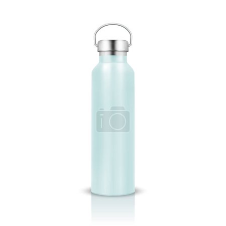 Vector Realistic 3D Blaue Farbe Metall oder Kunststoff Blank Glossy Wiederverwendbare Wasserflasche mit Silber Bung Nahaufnahme isoliert auf weißem Hintergrund. Design-Vorlage für Verpackungs-Mockup. Frontansicht.
