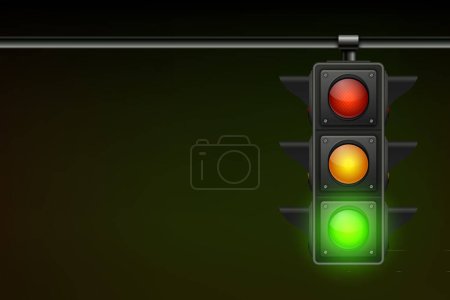 Téléchargez les illustrations : Signal de circulation suspendu vectoriel réaliste avec feu vert. Feu de circulation vert lumineux interdisant signal isolé sur fond noir. - en licence libre de droit