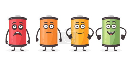 Low Battery and Full Battery Character Set. Funny Battery Characters with Full, Slightly Depleted, Nearly Depleted and Completely Depleted Low Charge. Vector Illustration.