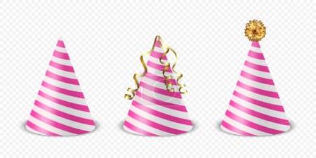 Ilustración de Vector 3d realista rayas rosa y blanco cumpleaños sombrero del partido del icono del sistema aislado. Plantilla de diseño de tapa de fiesta para pancarta de fiesta, tarjeta de felicitación. Sombreros de vacaciones, Cono forma, Vista frontal. - Imagen libre de derechos