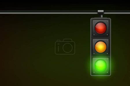 Téléchargez les illustrations : Signal de circulation suspendu vectoriel réaliste avec feu vert. Feu de circulation vert lumineux interdisant signal isolé sur fond noir. - en licence libre de droit