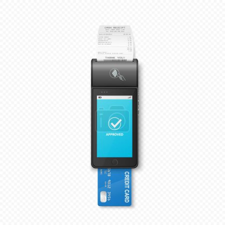 Téléchargez les illustrations : Terminal de paiement 3D réaliste vectoriel NFC avec reçu de paiement, carte de crédit. Machine de paiement - Statut approuvé. Modèle de conception pour le terminal sans contact de paiement bancaire. Maquette d'un terminal de PDV. Vue du dessus - en licence libre de droit