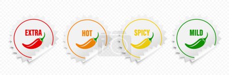 Realistische Vector Runde Aufkleber mit Spicy Chili Pepper Icon, Food Spicy Level. Red, Orange, Yellow, Green Jalapeno Pepper Strength Scale Aufkleber Indikatoren mit milden, würzigen, scharfen und extra Positionen.