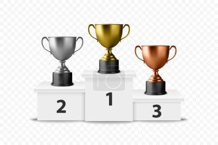 Vector Blank Golden, Silver and Bronze Champion Cup on Winner Podium Isolated on White Background. Design Template of Championship Trophy. Sport Tournament Award, Winner Cup and Victory Concept.