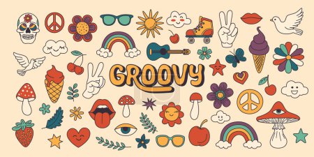 Vector Vintage Groovy Icons and Design Elements for Poster, Sticker Design. Retro Symbol in Hippie 70s Style, Psychedelic Mushroom, Flowers, Eye, Anti-War Peace Symbols. Vector Illustration.