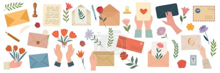 Umschläge, Briefmarken, Postkarten, Haltehände, Florale Gestaltungselemente für Geschenke, Grußkarten. Verschiedene Papierumschläge, Siegellack, Briefpapier für die Postkorrespondenzsammlung, isoliert