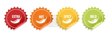 Realistische Vector Runde Aufkleber mit Spicy Chili Pepper Icon, Food Spicy Level. Red, Orange, Yellow, Green Jalapeno Pepper Strength Scale Aufkleber Indikatoren mit milden, würzigen, scharfen und extra Positionen.