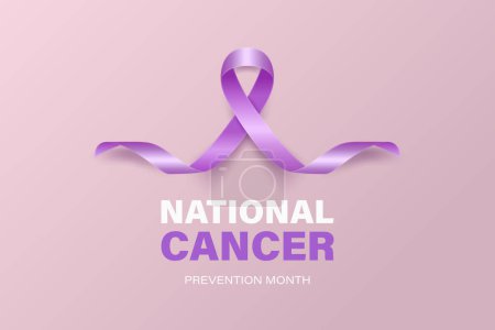 National Cancer Prevention Month, February. Banner, Card, Placard with Realistic 3D Vector Lavender Ribbon on Lavender Background. Cancer Awareness Month Symbol, Closeup. World Cancer Day Concept.