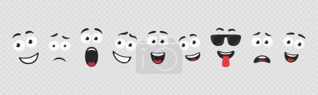Vector Cartoon Faces Illustrations. Expressive Eyes and Mouth. Funny and Cute character Face Expressions, Icon Set. Caricature Comic Emotions Closeup Isolated..