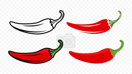 Dibujos animados Red Hot Chili Pepper Icon Set Primer plano, aislado. Pimienta picante dibujada a mano, ilustración vectorial.