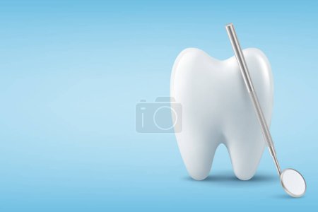 Banner zur Zahnuntersuchung, Plakat. Vector 3D Realistischer Zahnarztspiegel für Zähne mit Zahn-Icon-Nahaufnahme auf blauem Hintergrund. Medizinisches Werkzeug für Zahnärzte. Design Template vorhanden. Zahngesundheitliches Konzept.