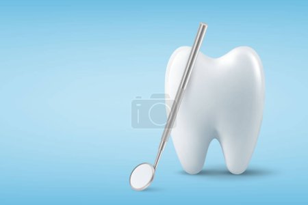 Banner de Inspección Dental, Cartel. Espejo de dentista realista vectorial 3d para dientes con ícono de diente Primer plano sobre fondo azul. Medical Dentist Tool. Plantilla de diseño. Concepto de Salud Dental.