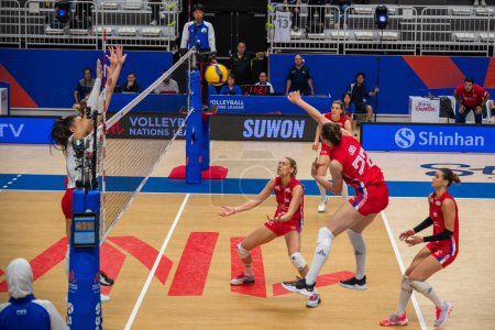 Photo for National female volleyball team of Serbia in the Volleyball Nations League match against Bulgaria in Suwon, South Korea on 2 July 2023 - Royalty Free Image