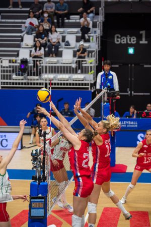 Photo for National female volleyball team of Serbia in the Volleyball Nations League match against Bulgaria in Suwon, South Korea on 2 July 2023 - Royalty Free Image