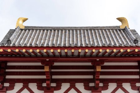 Roof details of Shitennoji oldest Buddhist Temple in Japan founded in 593 by the prince Shotoku Taishi in Osaka Kansai