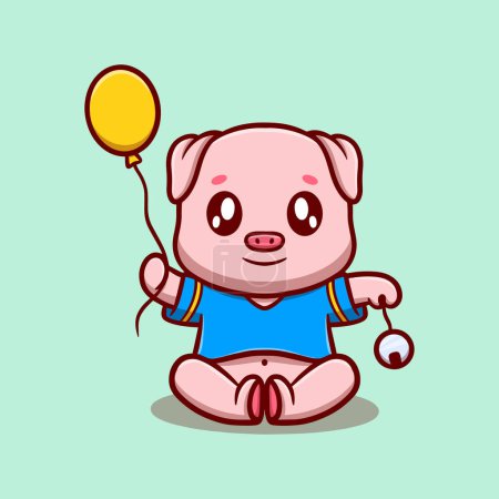 Téléchargez les illustrations : Mignon petit cochon tenant un ballon avec illustration icône de dessin animé cloche. autocollant drôle pour les enfants - en licence libre de droit