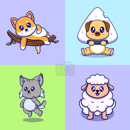 Illustration for Different types of vector cartoon animals for stickers. Vector illustration of funny cartoons of different animals breeds in trendy flat style. - Royalty Free Image