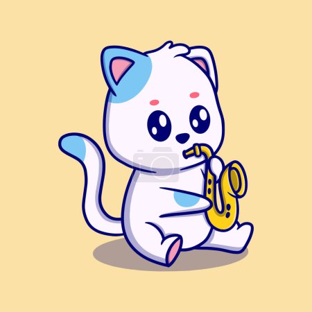 Illustration for Cute cat blowing a trumpet cartoon icon illustration. funny sticker for kids - Royalty Free Image