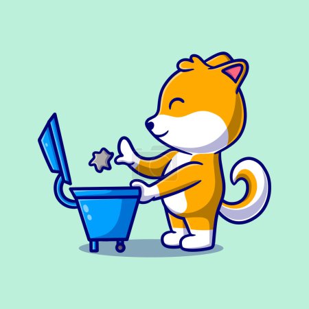 Illustration for Cute dog throwing trash in the trash cartoon icon illustration. illustration for education - Royalty Free Image