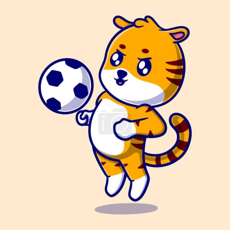 Téléchargez les illustrations : Ute tigre jouant illustration icône de dessin animé de football. personnage drôle pour autocollants et affaires - en licence libre de droit