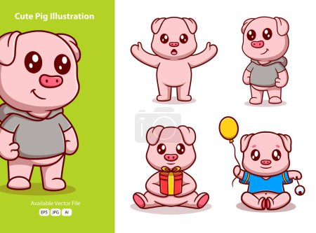 Téléchargez les illustrations : Mignon porc animaux activités dessin animé icône illustration. cadeaux drôles pour autocollants - en licence libre de droit