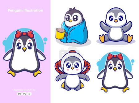 Téléchargez les illustrations : Mignon dessin animé pingouin icône illustration. cadeaux drôles pour autocollants - en licence libre de droit