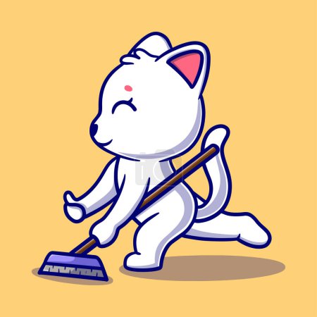 Illustration for Cute cat mop the floor cartoon icon illustration - Royalty Free Image