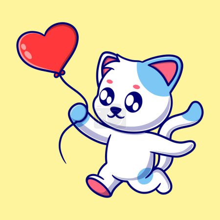 Téléchargez les illustrations : Mignon chat avec amour ballon dessin animé icône illustration - en licence libre de droit