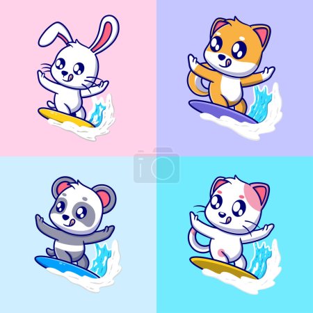 Illustration for Vector cute animal surfing cartoon vector icon illustration. animal icon concept isolated - Royalty Free Image